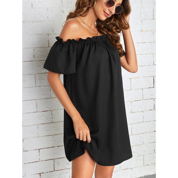 Boho Off the Shoulder Frill Trim mini Dress black - Picture 3 of 5
